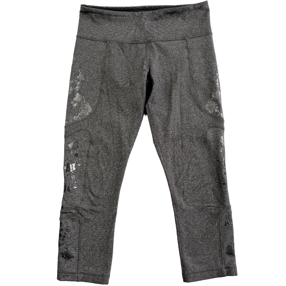Lululemon Charcoal Gray Wunder Under Crop Leggings 21″ with Floral Patina sz 8